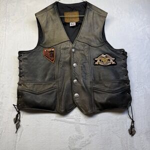 VTG Kerr Leather Mens XL Motorcycle Vest Buffalo Nickel Snaps USA Made Patina